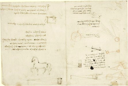 Leonardo da Vinci - RCIN 912346, Recto Diagrams and notes on mechanics, the Sforza horse, a screw, etc