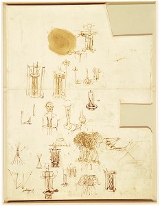 Leonardo da Vinci - RCIN 912282, Verso Studies of a water-clock, decorative costume etc. c.1506-10