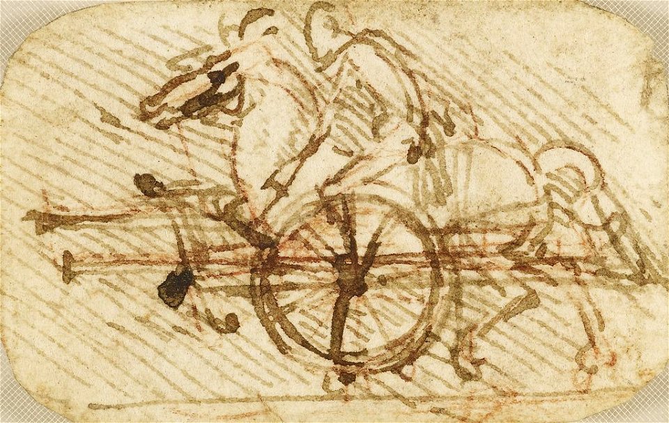 Leonardo da Vinci - RCIN 912713, A sketch of a horse and rider between the shafts of a gun-carriage c.1493