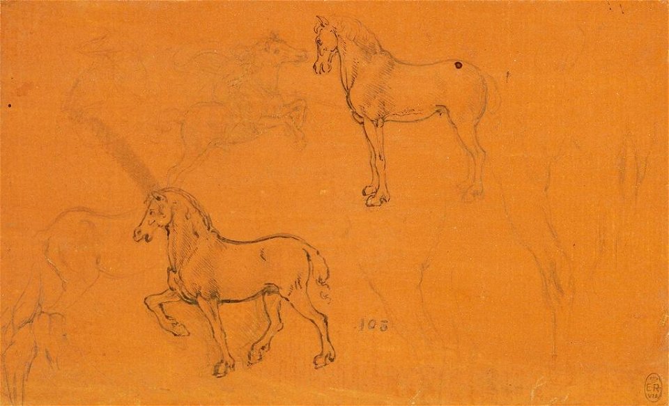 Leonardo da Vinci - RCIN 912325, Recto Studies of horses, and a horse and lanceman