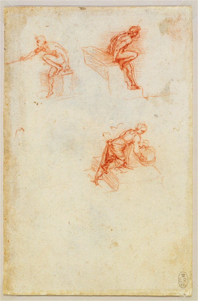 Leonardo da Vinci - RCIN 912648, Recto Two studies of naked youths bending forward, and a study of a woman kneeling at the edge of a pool with a bucket