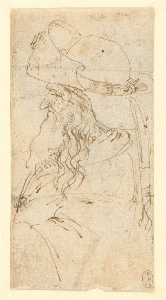 Leonardo da Vinci - RCIN 912441, The head and shoulders of an old man in profile wearing a hat c.1480-85