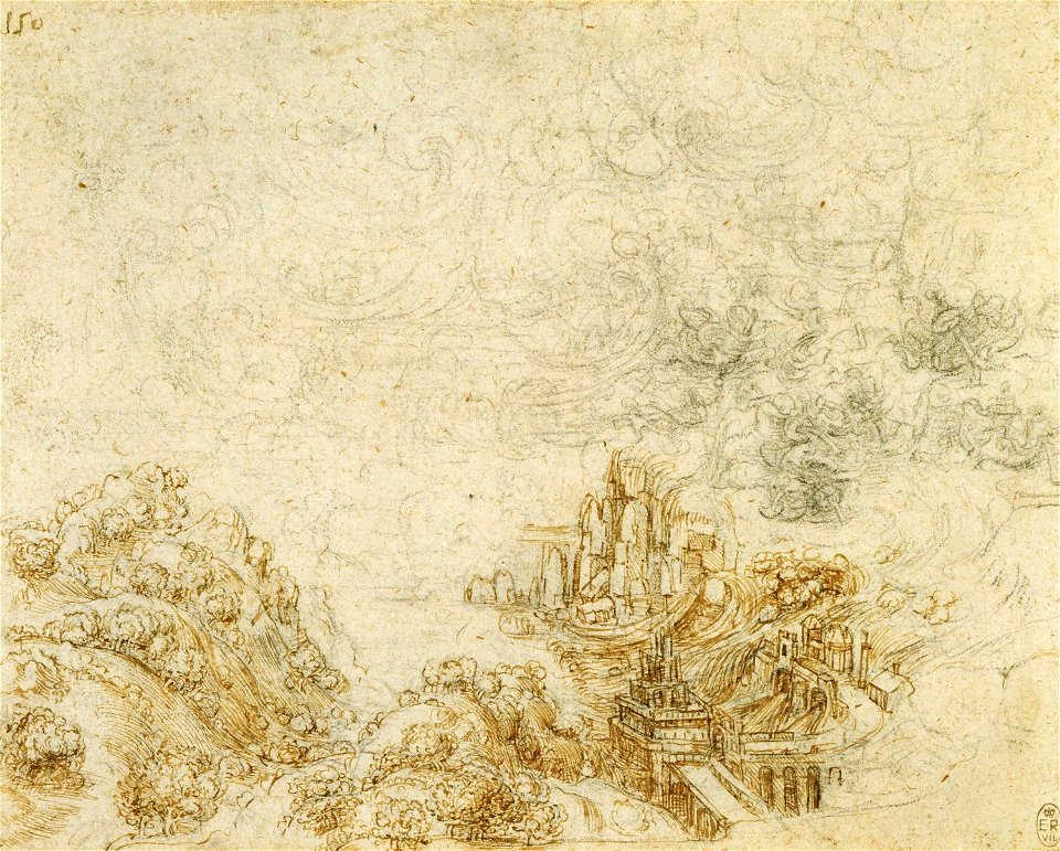 Leonardo da Vinci - RCIN 912401, A storm over a hilly landscape c.1517-18
