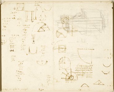 Leonardo da Vinci - RCIN 912542, Verso Calculations with architectural, engineering, and geometric sketches c.1492-4. Free illustration for personal and commercial use.
