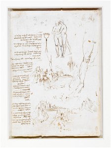 Leonardo da Vinci - RCIN 912641, Recto Studies of a landscape, a couple embracing, hydraulics, and a leg