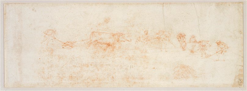 Leonardo da Vinci - RCIN 912643, A man ploughing with two oxen, and other farm workers c.1495
