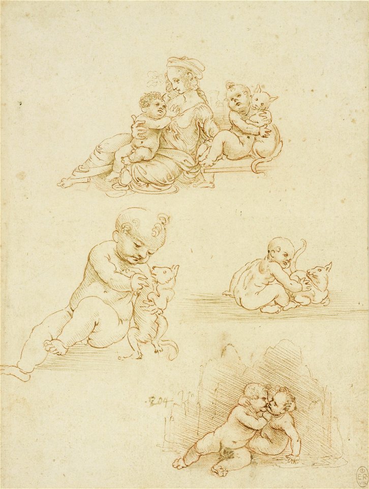 Leonardo da Vinci - RCIN 912564, The Virgin and Child with a child and a cat, two studies of a child and a cat, and the Christ child and infant Baptist embracing c.1490-1500