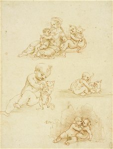 Leonardo da Vinci - RCIN 912564, The Virgin and Child with a child and a cat, two studies of a child and a cat, and the Christ child and infant Baptist embracing c.1490-1500