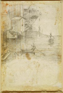 Leonardo da Vinci - RCIN 912614, Verso Houses and a mill beside a pond c.1508
