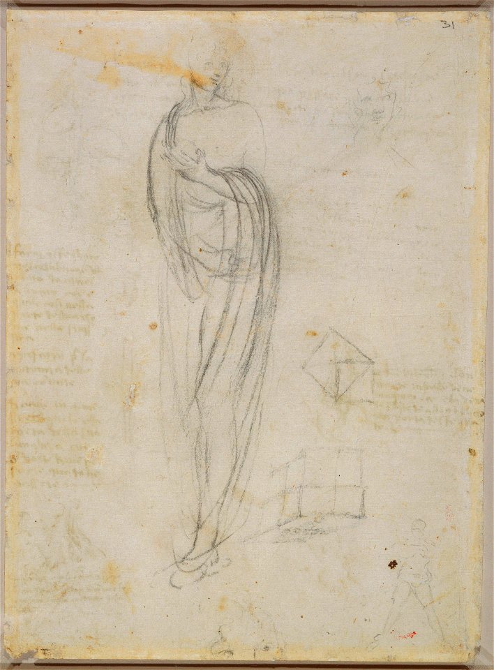 Leonardo da Vinci - RCIN 919069, Verso A sketch of a tall, draped female figure, and other studies c.1511-13