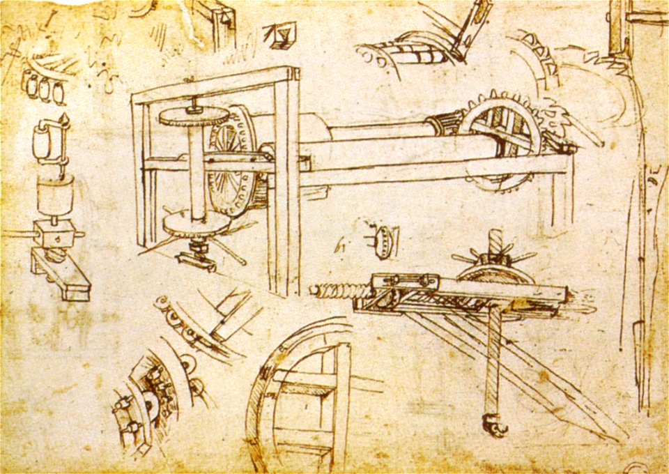 Leonardo da vinci, argano a tre velocità di Brunelleschi, 1480 circa, biblioteca ambrosiana, CA, c. 1083 v