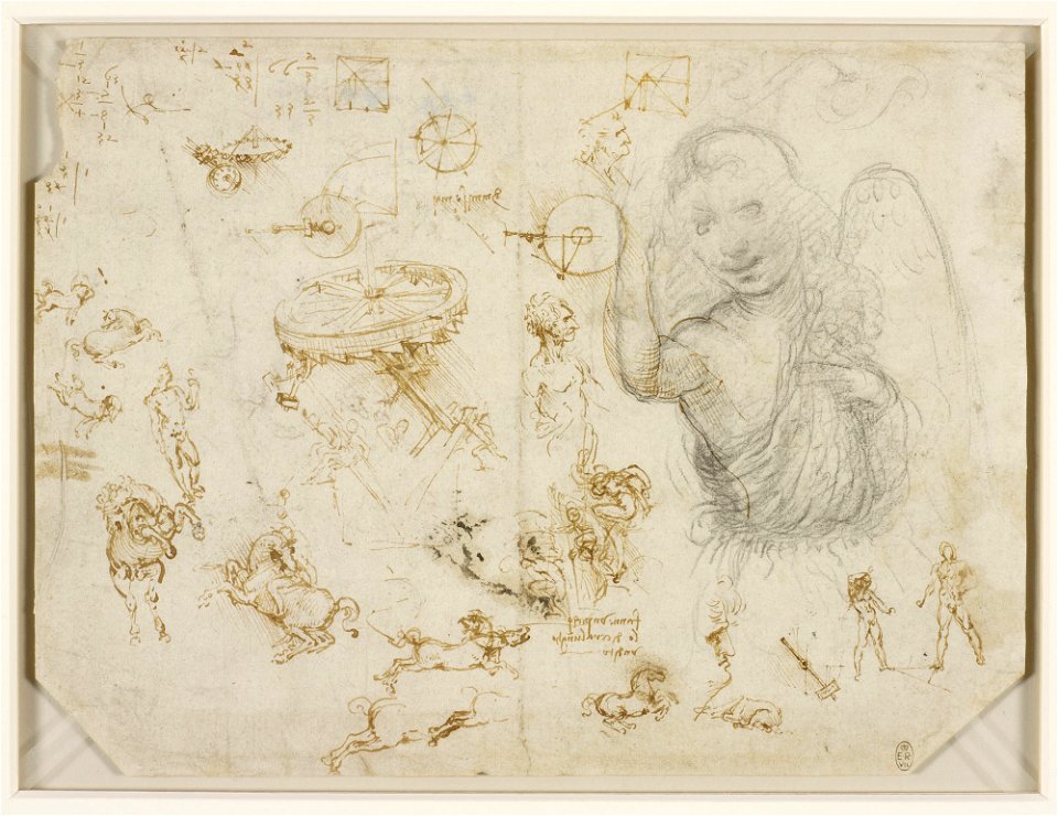 Leonardo da Vinci - Recto Horses and soldiers, mechanics, and the Angel of the Annunciation. c.1503-4