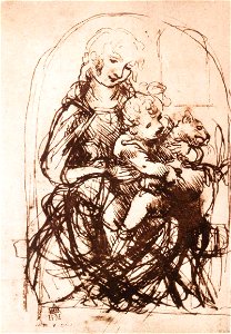 Leonardo da Vinci, Study for the Madonna of the Cat (recto). Free illustration for personal and commercial use.
