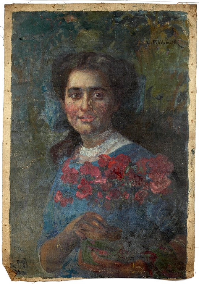 Leopold Pilichowski - Portrait of a girl holding flowers