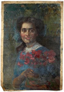 Leopold Pilichowski - Portrait of a girl holding flowers. Free illustration for personal and commercial use.