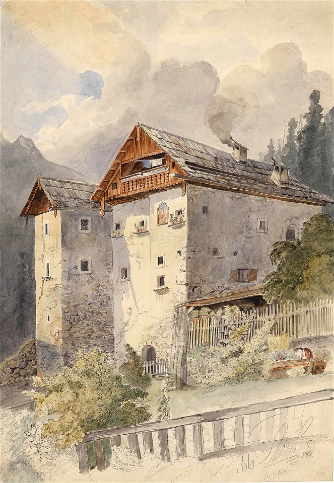 Leopold Munsch Alte Häuser in Hallstadt 1848
