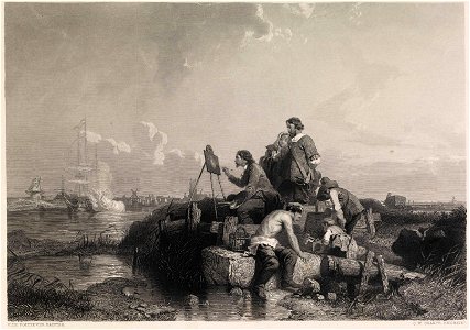 Lepoittevin, Van de Velde studying the effect of the cannon his friend Ruyter fired for this purpose, engraving by CW Sharpe
