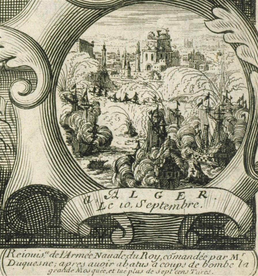 Les dégâts et les morts du bombardement d'Alger en 1682. Estampe allégorique