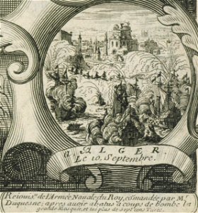Les dégâts et les morts du bombardement d'Alger en 1682. Estampe allégorique
