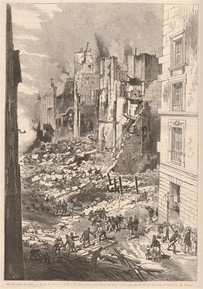 Les désastres de Paris, aspect de la rue de Lille à son intersection avec la rue du Bac, de Vierge