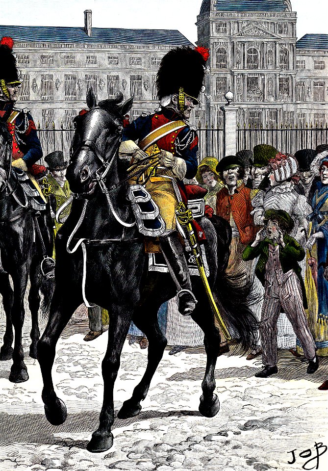 Les gendarmes d'élite devant les grilles des Tuileries, le 20 mars 1811