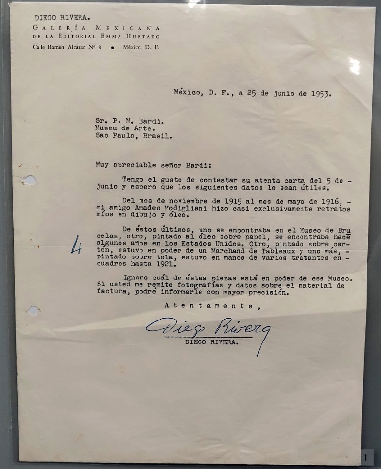 Letter concerning Portrait of Diego Rivera by Amedeo Modigliani, 1916 - Museu de Arte de São Paulo - DSC07294