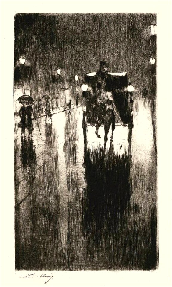 Lesser Ury Pferdedroschke im Regenwetter