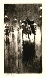 Lesser Ury Pferdedroschke im Regenwetter