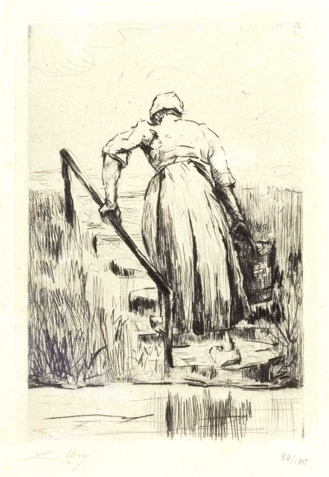 Lesser Ury Wäscherin am Fluss Radierung