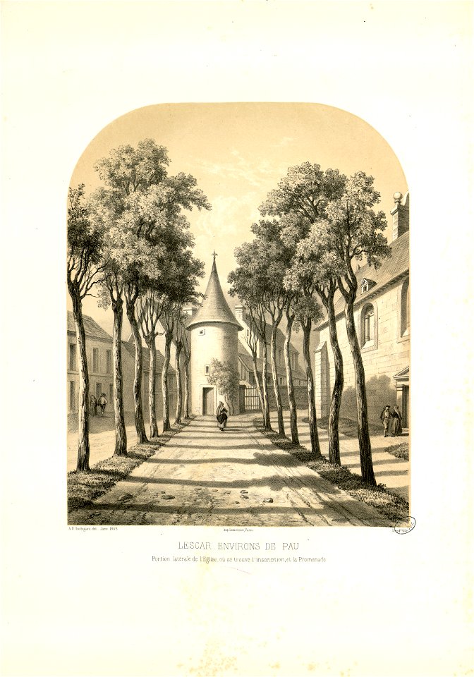 Lescar, environs de Pau. Portion latérale de l'église où se trouve l'inscription, et la promenade - Fonds Ancely - B315556101 A HOUBIGANT 042