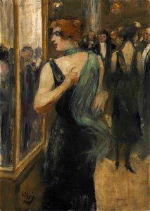 Lesser Ury - Dame in schwarzem Abendkleid mit grünem Schal (1908)