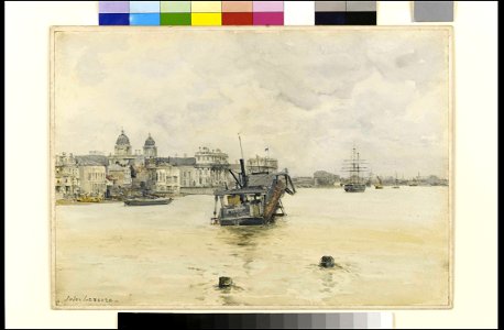 'Greenwich', with a dredger on moorings off the Royal Naval College (Greenwich Hospital) RMG PX9843