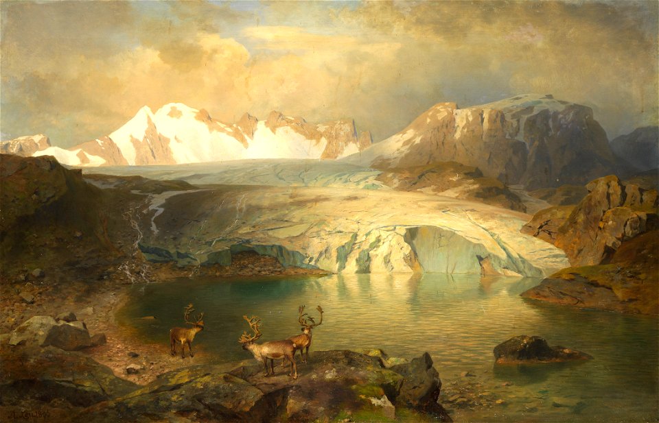 August Wilhelm Leu - Fjordlandschaft mit Gletscher und Rentieren (1896)