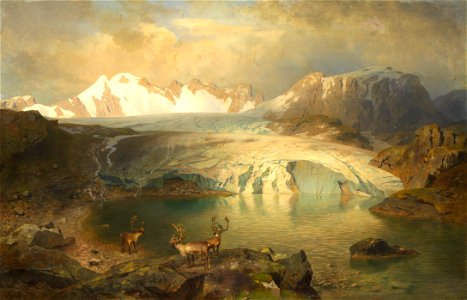 August Wilhelm Leu - Fjordlandschaft mit Gletscher und Rentieren (1896)