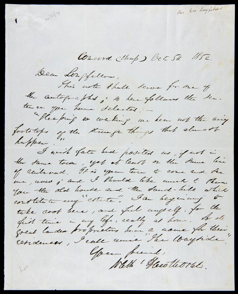 Letter from Nathaniel Hawthorne to Henry Wadsworth Longfellow 1852