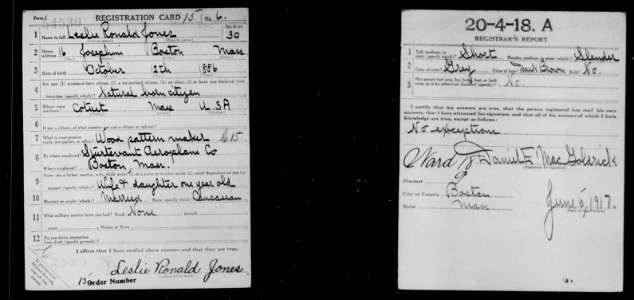 Leslie Ronald Jones (1886-1967) in the WWI draft registration on June 5, 1917