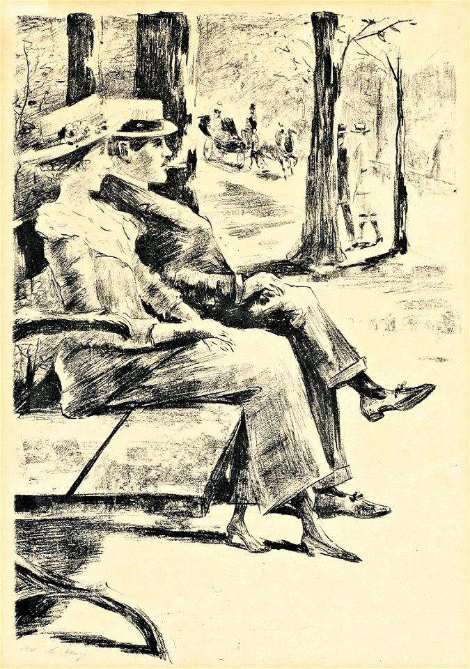 Lesser Ury Dame und rauchender Herr auf einer Bank im Tiergarten c1920