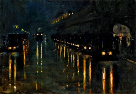 Lesser Ury Hochbahnhof Bülowstraße bei Nacht 1922. Free illustration for personal and commercial use.