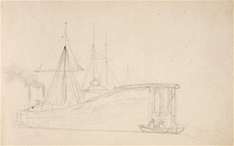 Levitan Barge with masts and a tugboat sketch