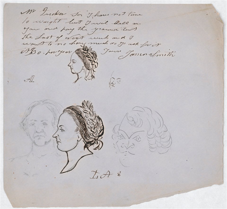 Letter signed by James Smith with sketches of two unidentified people, bust portraits, a woman shown in left profile and a man facing slightly left) - JAS LCCN2016648659
