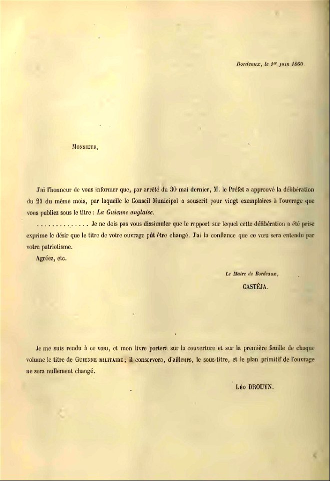 Lettre Castéja-Drouyn (1860)
