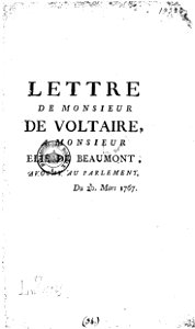 Lettre de M. de Voltaire à M. Élie de Beaumont, avocat au Parlement