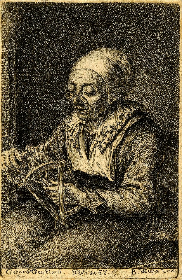 Leys - An old woman unreeling threads, seated half-length to left, wearing a cap and glasses; after Gerrit Dou, 1861,1109.78