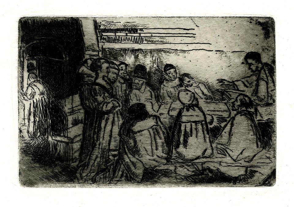 Leys - A man standing to right reading to a number of people ranged round a table, someone is leaving the room through a door to left, 1871,0812.733