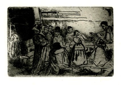 Leys - A man standing to right reading to a number of people ranged round a table, someone is leaving the room through a door to left, 1871,0812.733