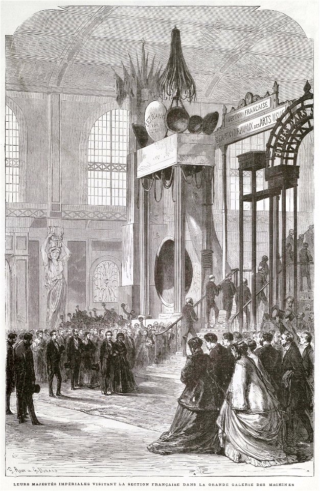 Leurs majestés impériales visitant la section française dans la Grande galerie des machines