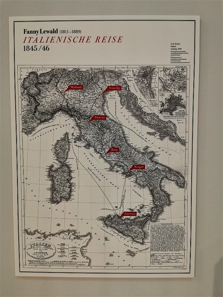 Lewald, Fanny — Besuchte Orte während der Italienreise 1845 bis 1846 (Karte)