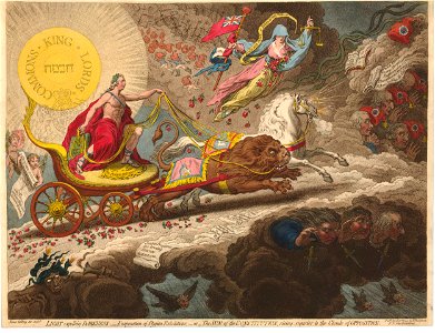 Light Expelling darkness, - evaporation of Stygian exhalations,-or- The sun of the constitution, rising superior to the clouds of opposition. (BM 1868,0808.10377)