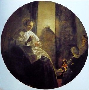 Judith Leyster - mother sewing with children by lamplight