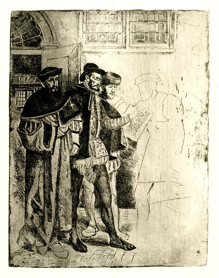 Leys - Three man in medieval costume standing in a hall receiving a letter from a fourth person shown in outlines, 1872,0113.489